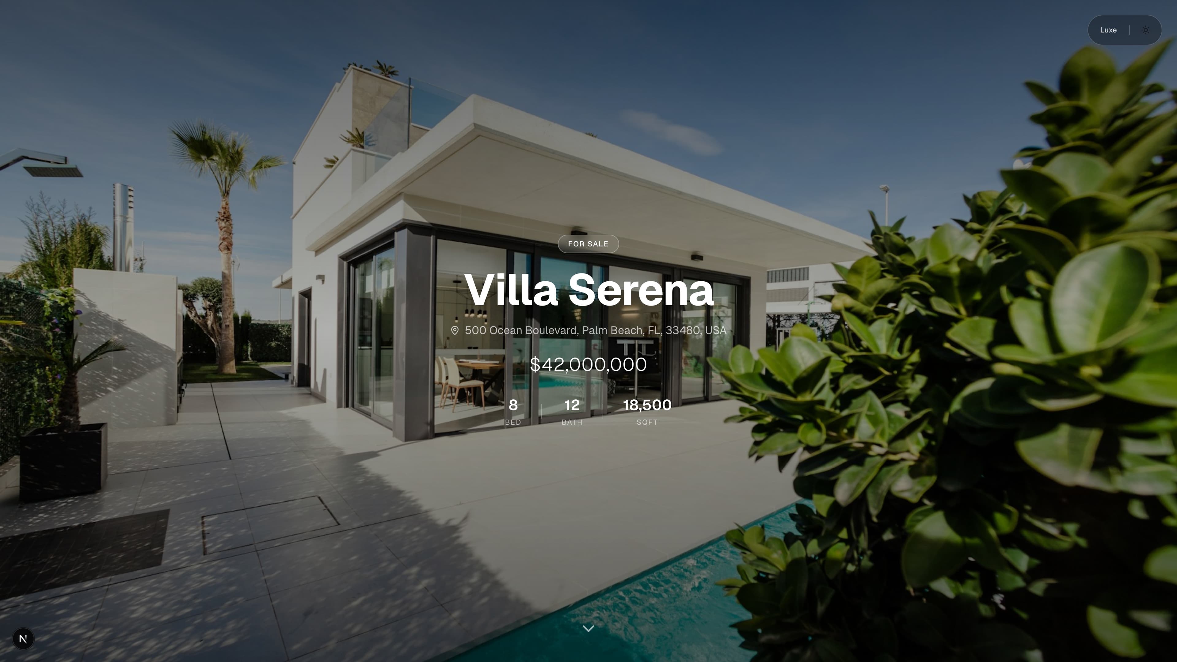 Villa Serena - Luxury property website example showing a $42M Palm Beach oceanfront estate
